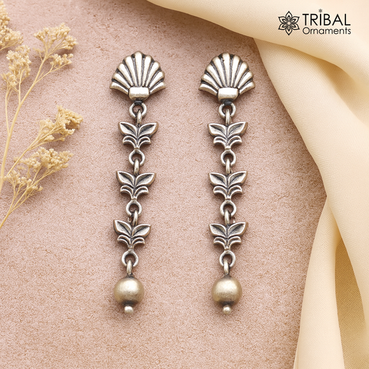925 sterling silver handmade floral design drop dangle long light weight fancy girl's earring brides jewelry from india ear1142