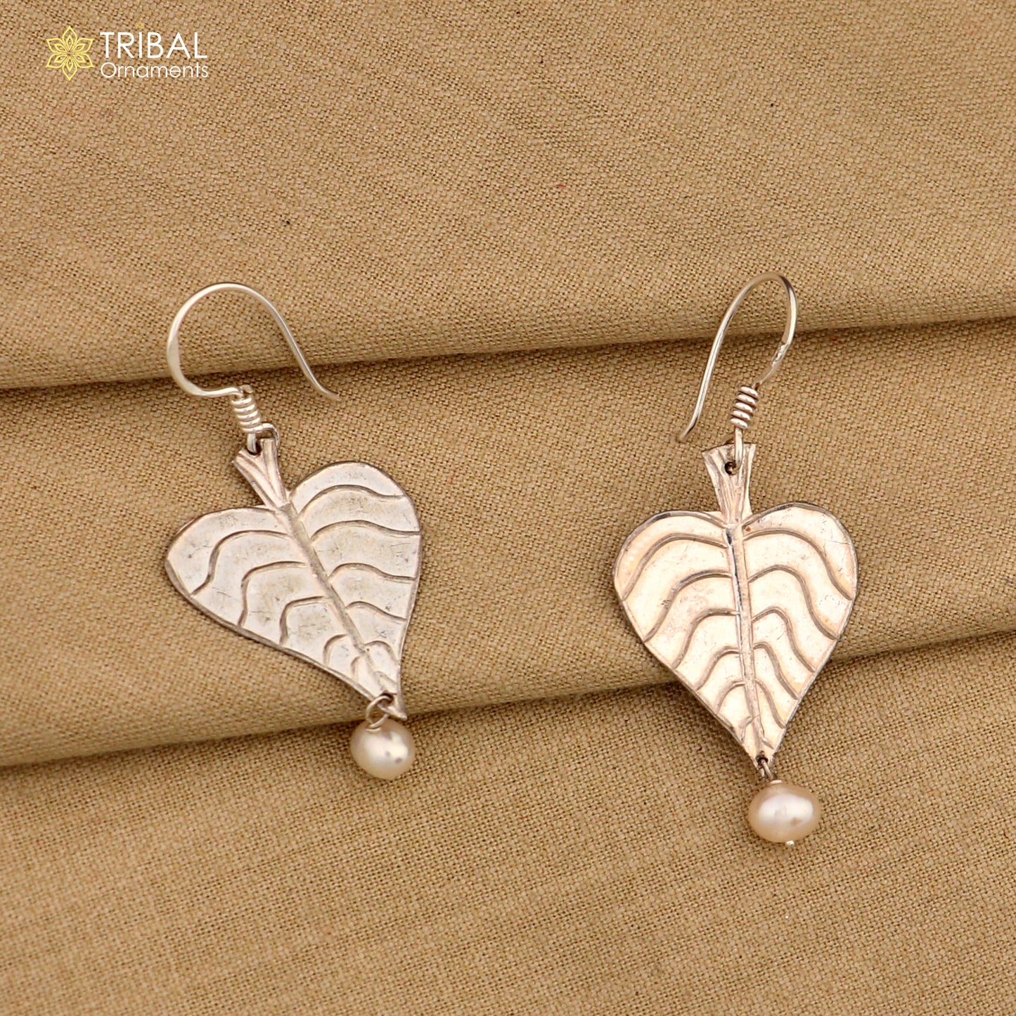925 sterling silver handmade peepal tree leaf earring with pretty hanging pearl, excellent customized hoops earring summer collection ear492