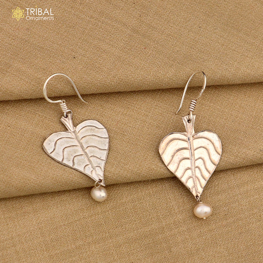 925 sterling silver handmade peepal tree leaf earring with pretty hanging pearl, excellent customized hoops earring summer collection ear492