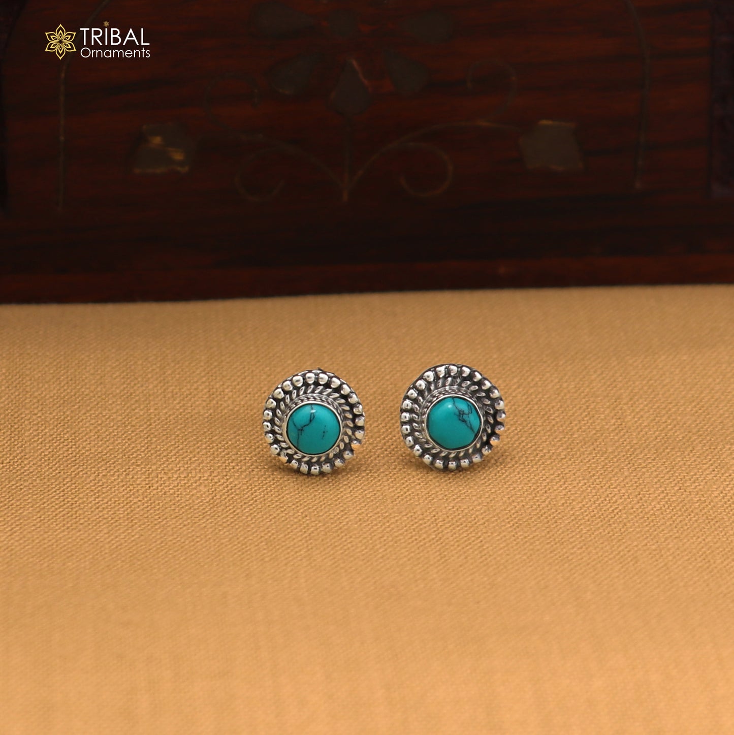 925 sterling silver round shape blue turquoise stone stud earring best unisex jewelry ER281