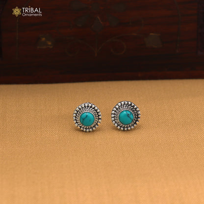 925 sterling silver round shape blue turquoise stone stud earring best unisex jewelry ER281
