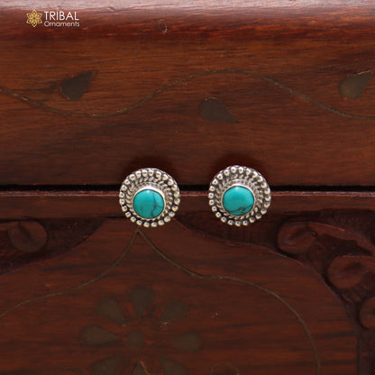 925 sterling silver round shape blue turquoise stone stud earring best unisex jewelry ER281