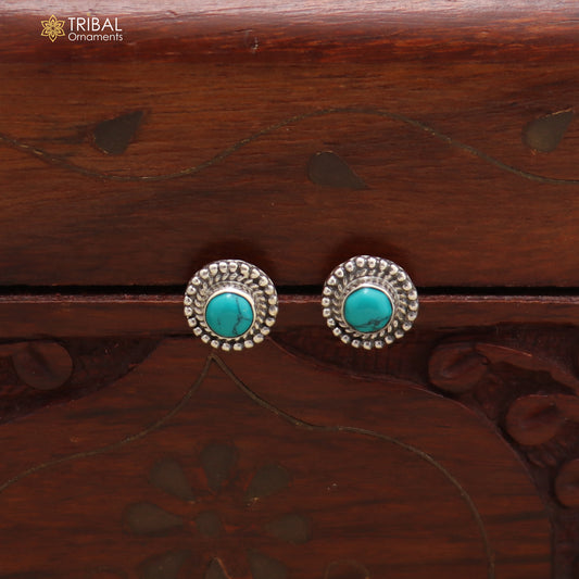 925 sterling silver round shape blue turquoise stone stud earring best unisex jewelry ER281