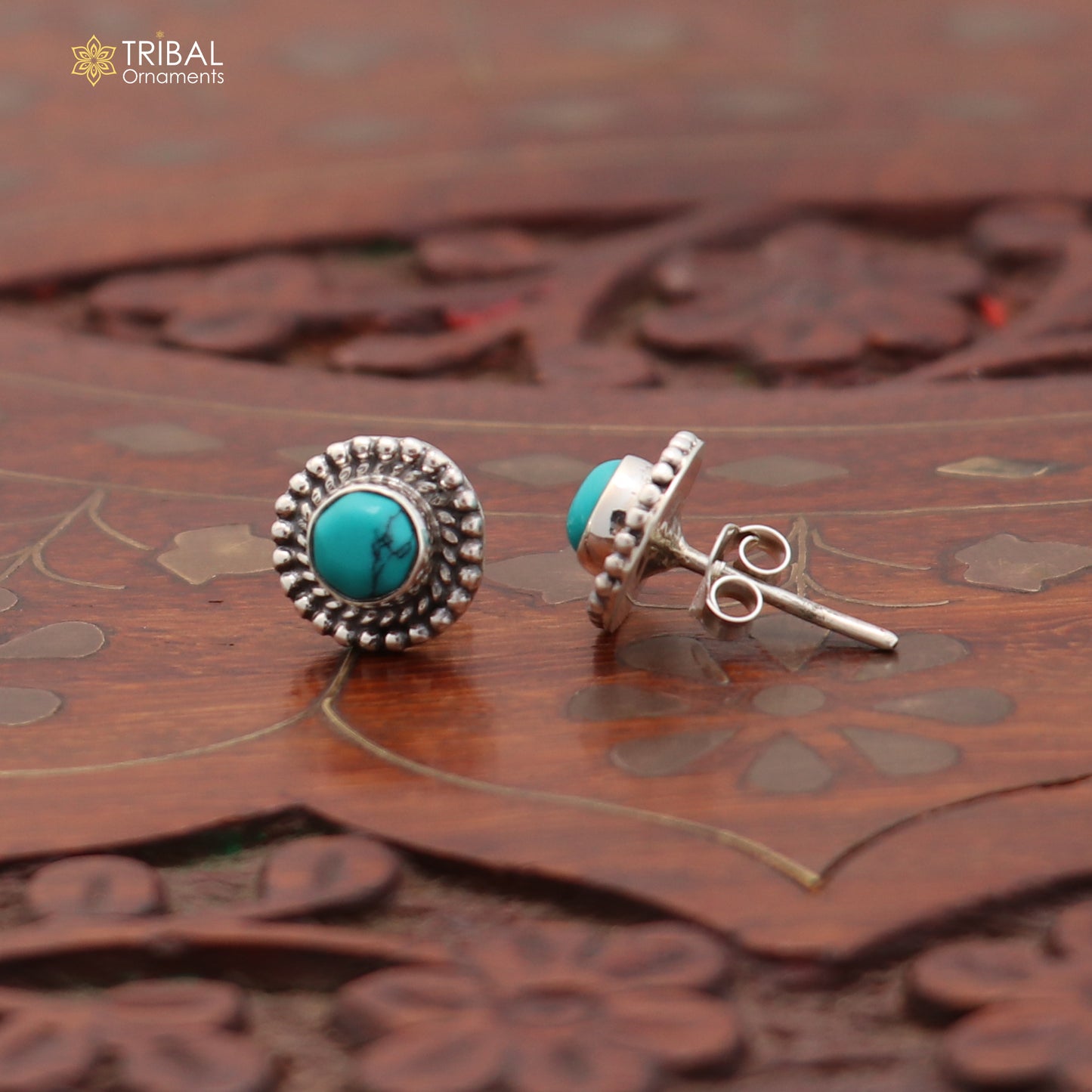 925 sterling silver round shape blue turquoise stone stud earring best unisex jewelry ER281