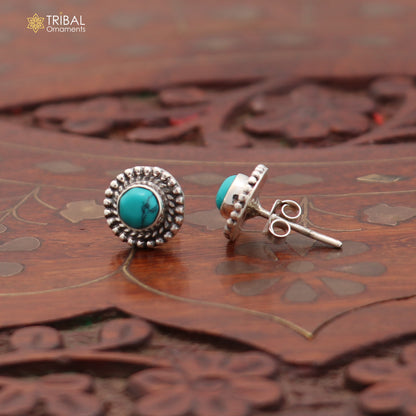 925 sterling silver round shape blue turquoise stone stud earring best unisex jewelry ER281