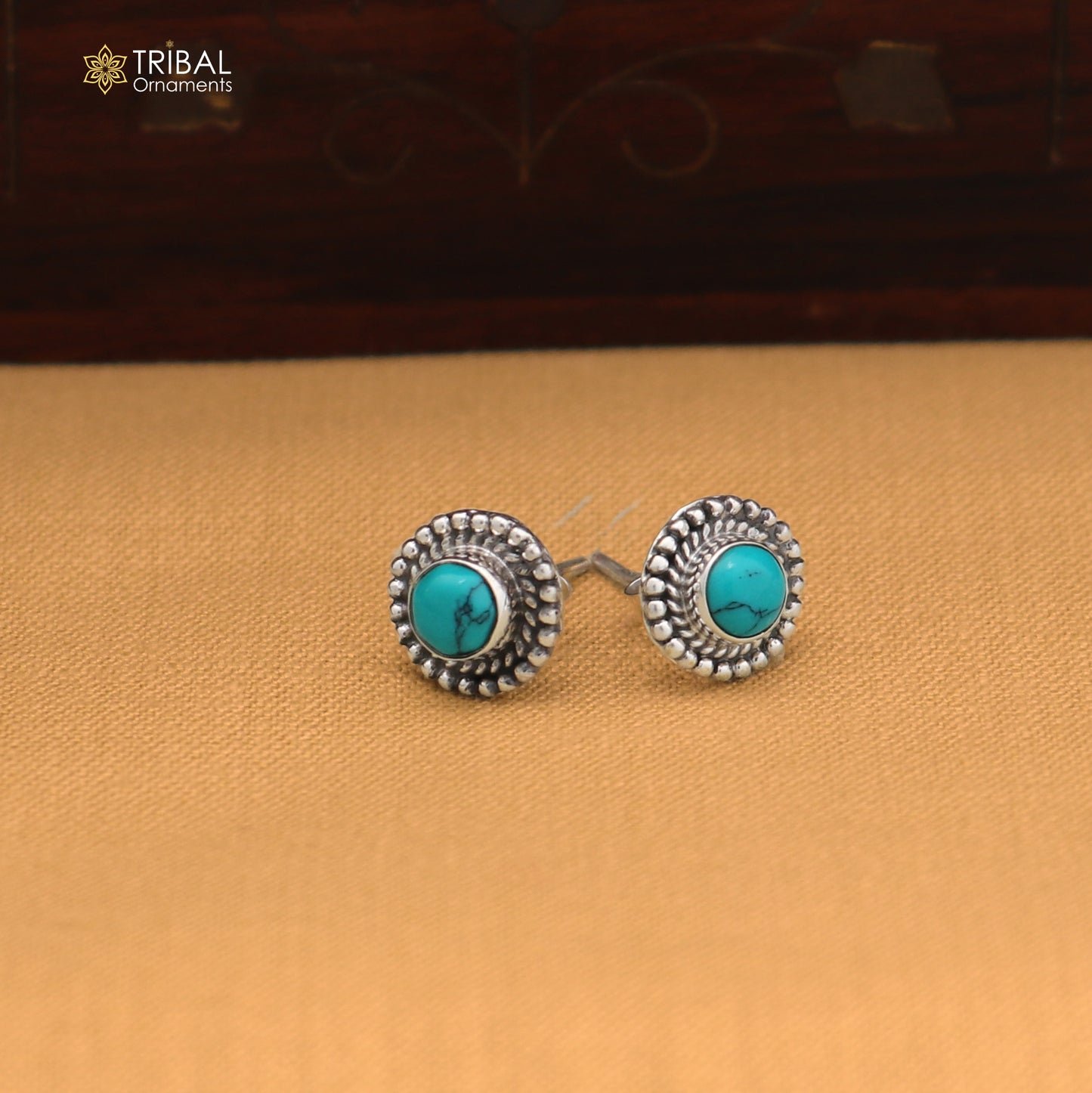 925 sterling silver round shape blue turquoise stone stud earring best unisex jewelry ER281