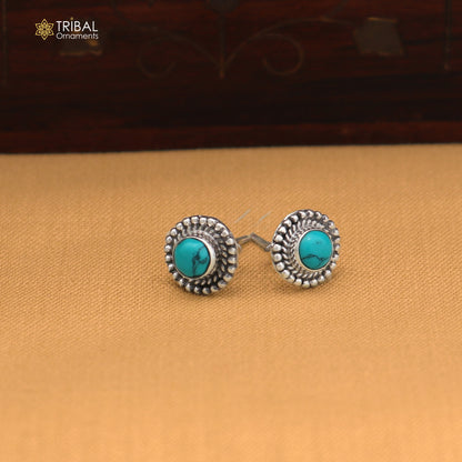 925 sterling silver round shape blue turquoise stone stud earring best unisex jewelry ER281