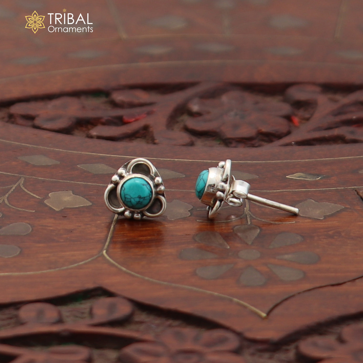 925 sterling silver round shape blue turquoise stone stud earring best unisex jewelry ER282