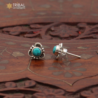 925 sterling silver round shape blue turquoise stone stud earring best unisex jewelry ER282