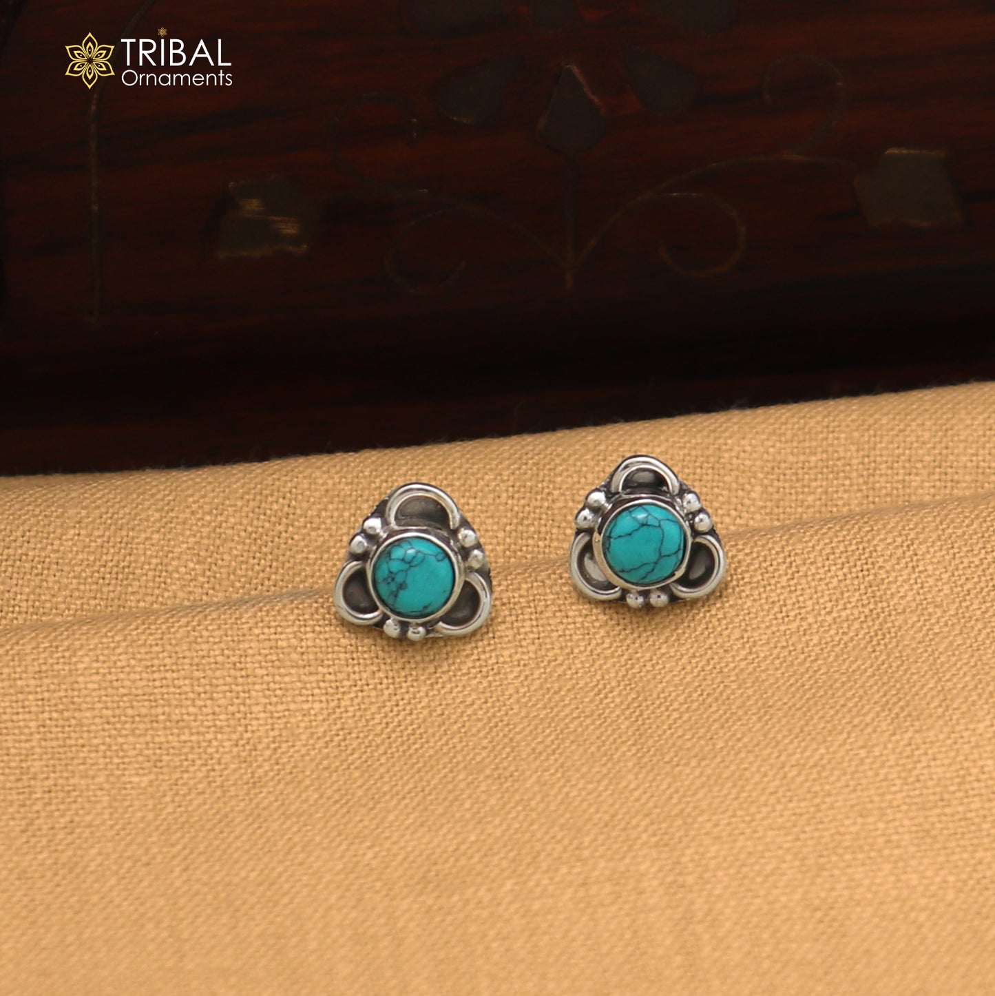 925 sterling silver round shape blue turquoise stone stud earring best unisex jewelry ER282