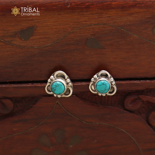 925 sterling silver round shape blue turquoise stone stud earring best unisex jewelry ER282