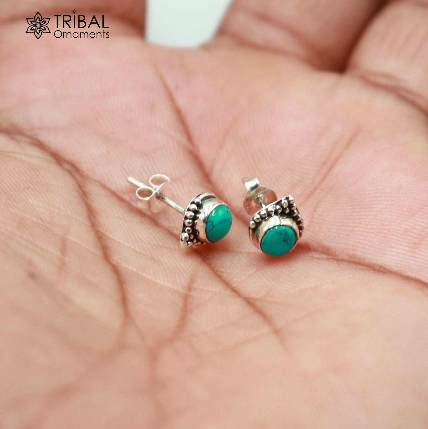 925 sterling silver round shape blue turquoise stone stud earring best unisex jewelry ER283