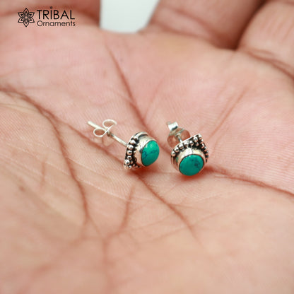 925 sterling silver round shape blue turquoise stone stud earring best unisex jewelry ER283