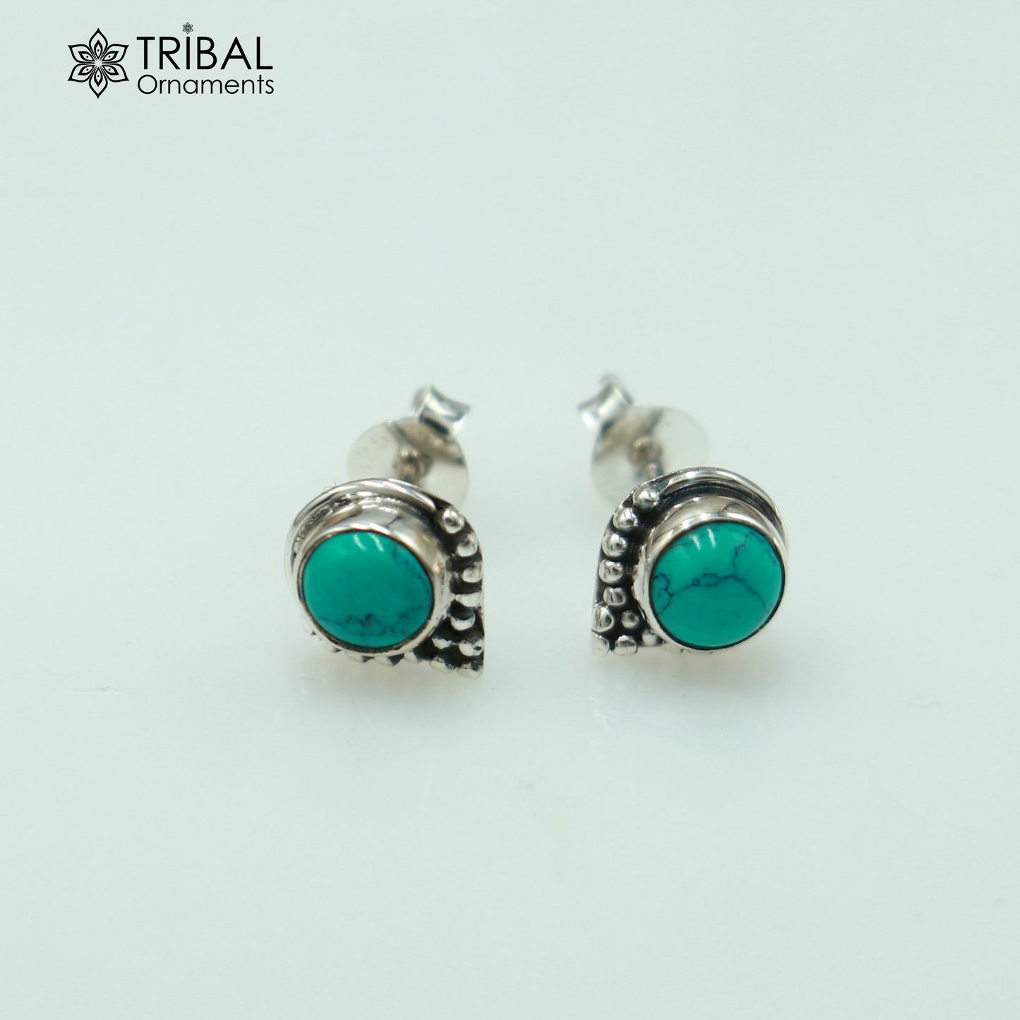 925 sterling silver round shape blue turquoise stone stud earring best unisex jewelry ER283