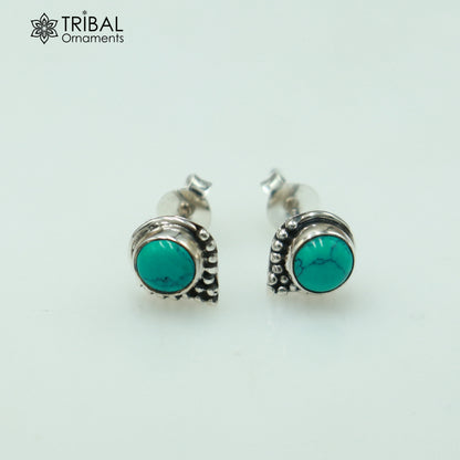 925 sterling silver round shape blue turquoise stone stud earring best unisex jewelry ER283
