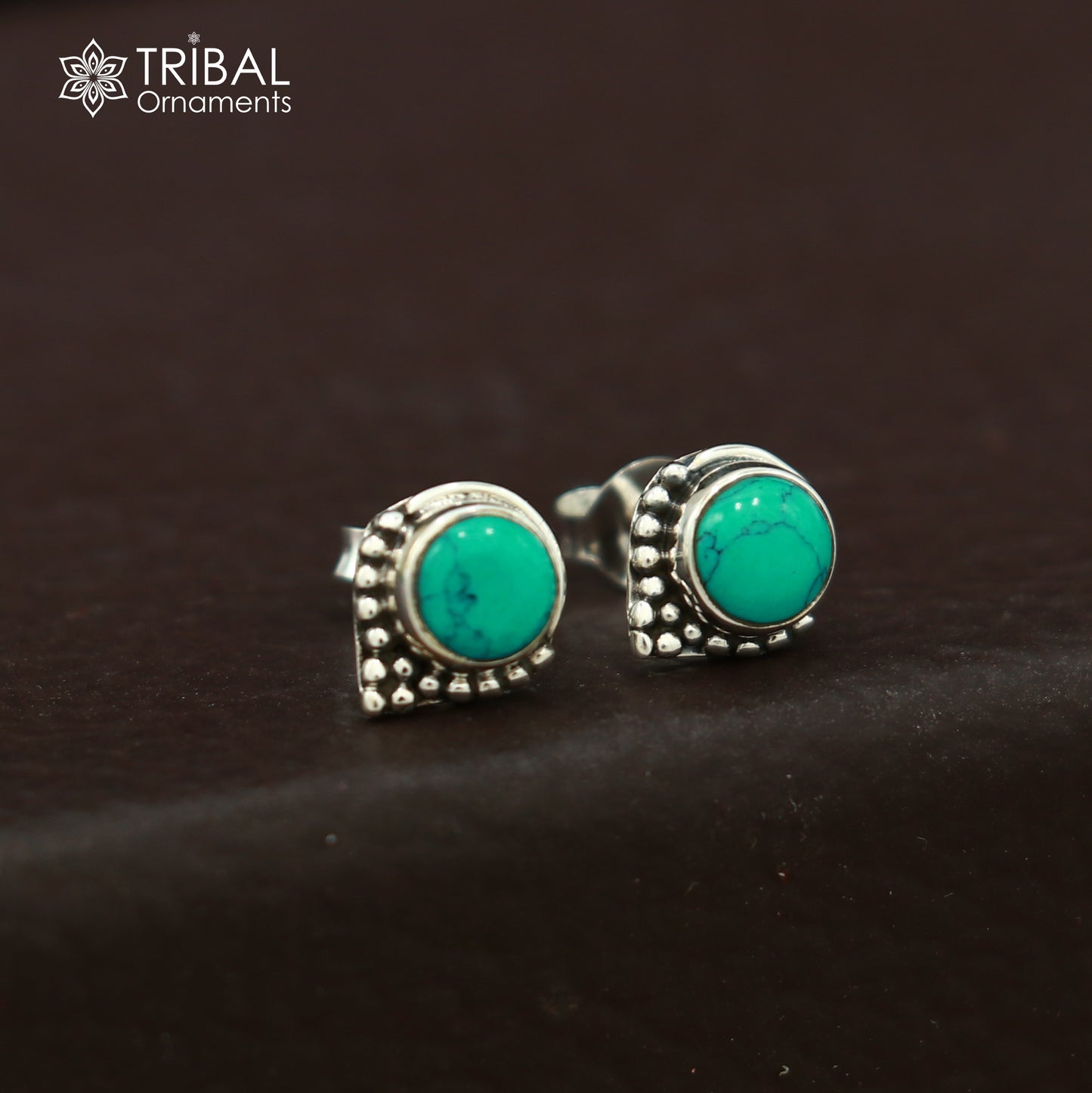 925 sterling silver round shape blue turquoise stone stud earring best unisex jewelry ER283