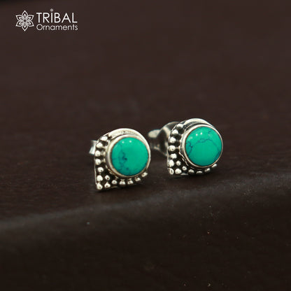 925 sterling silver round shape blue turquoise stone stud earring best unisex jewelry ER283