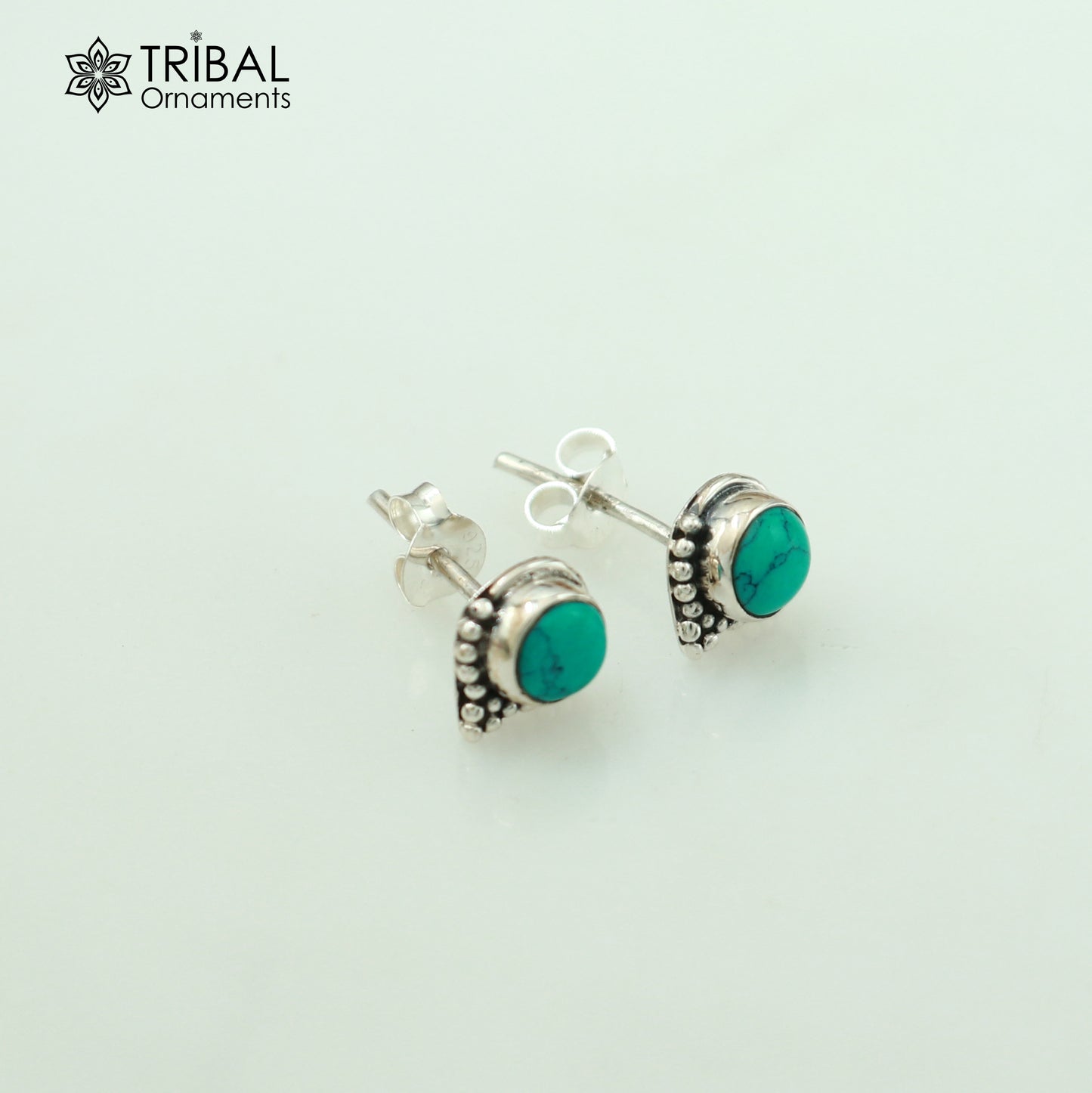 925 sterling silver round shape blue turquoise stone stud earring best unisex jewelry ER283
