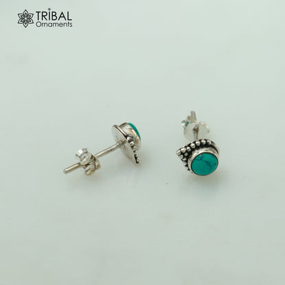 925 sterling silver round shape blue turquoise stone stud earring best unisex jewelry ER283