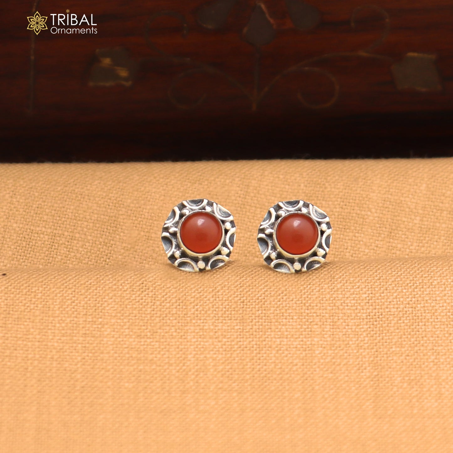 925 sterling silver round shape Carnelian stone stud earring best unisex jewelry ER286