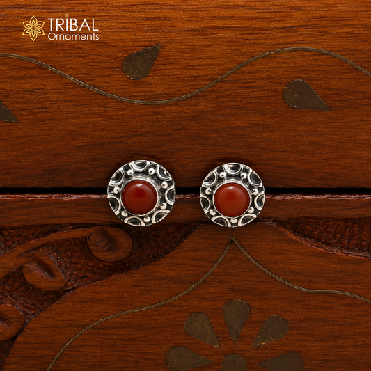 925 sterling silver round shape Carnelian stone stud earring best unisex jewelry ER286