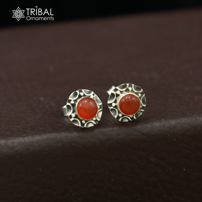925 sterling silver round shape Carnelian stone stud earring best unisex jewelry ER286