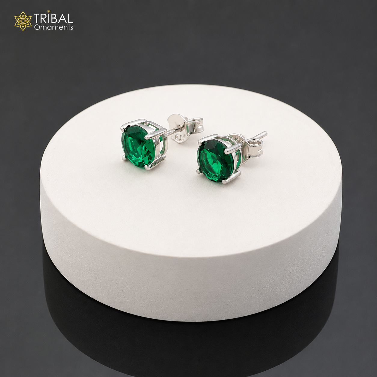 Sterling silver round green stone stud earring featuring a polished green gemstone, unisex jewelry by Tribal Ornaments.