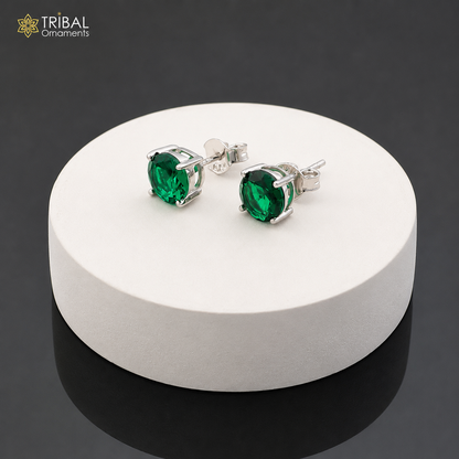 Sterling silver round green stone stud earring featuring a polished green gemstone, unisex jewelry by Tribal Ornaments.