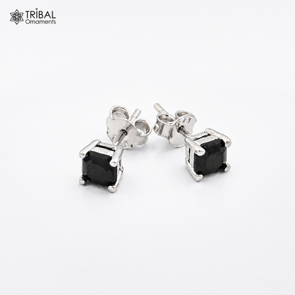 925 Sterling silver square black stone stud earring by TRIBAL ORNAMENTS, unisex jewelry with sleek modern design