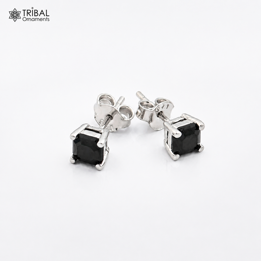 925 Sterling silver square black stone stud earring by TRIBAL ORNAMENTS, unisex jewelry with sleek modern design