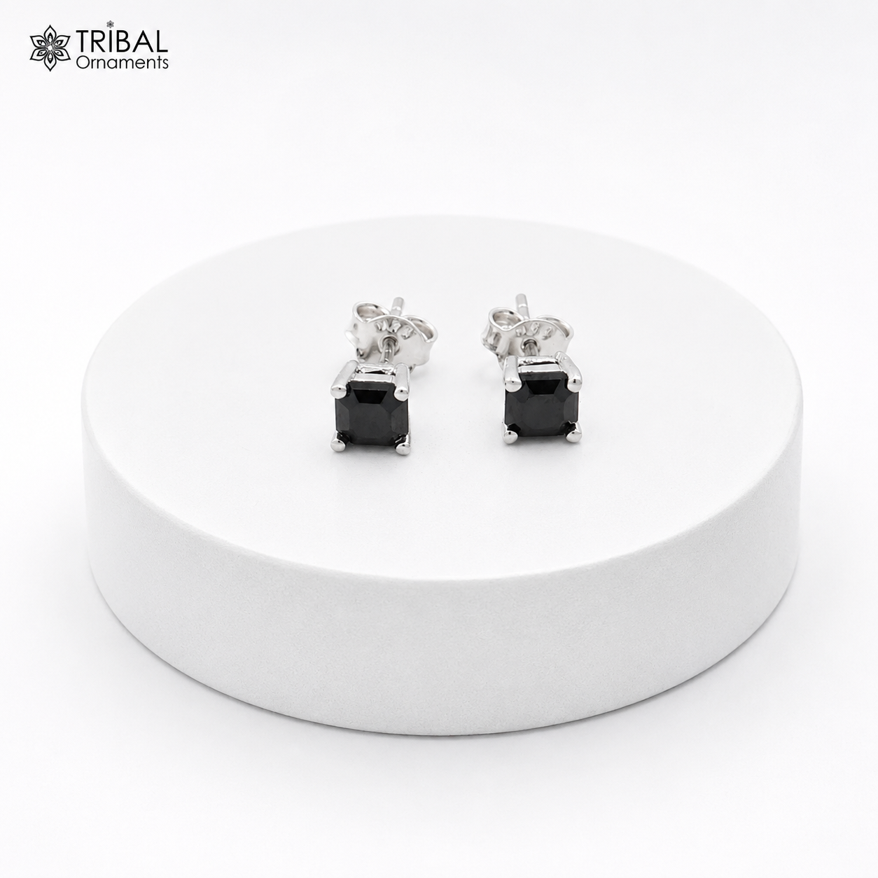 Sterling silver square black stone stud earring by TRIBAL ORNAMENTS, unisex jewelry with a sleek modern design.
