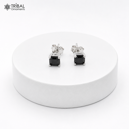 Sterling silver square black stone stud earring by TRIBAL ORNAMENTS, unisex jewelry with a sleek modern design.