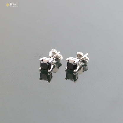 Unisex 925 sterling silver square black stone stud earring by TRIBAL ORNAMENTS, showcasing sleek geometric design and polished finish.