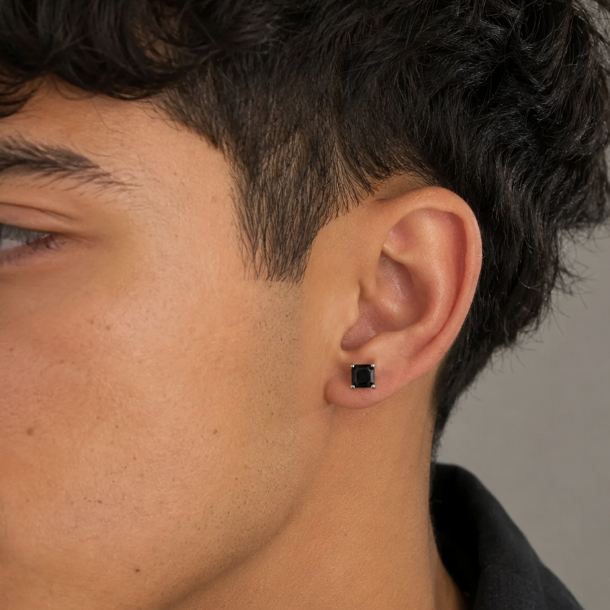 925 sterling silver square black stone stud earring from TRIBAL ORNAMENTS, unisex jewelry with sleek, modern design.