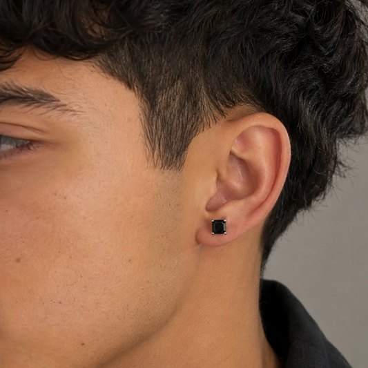 925 sterling silver square black stone stud earring from TRIBAL ORNAMENTS, unisex jewelry with sleek, modern design.