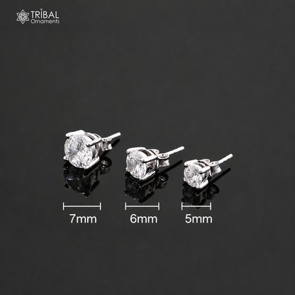 925 sterling silver white diamond stud earring with round shape, unisex jewelry by Tribal Ornaments, elegant and sparkling design