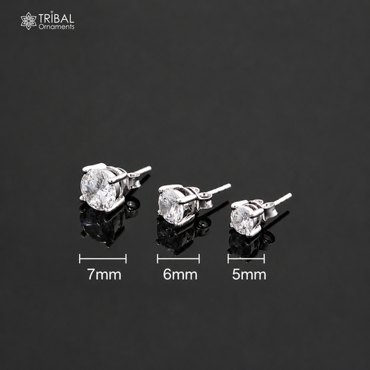 925 sterling silver white diamond stud earring with round shape, unisex jewelry by Tribal Ornaments, elegant and sparkling design