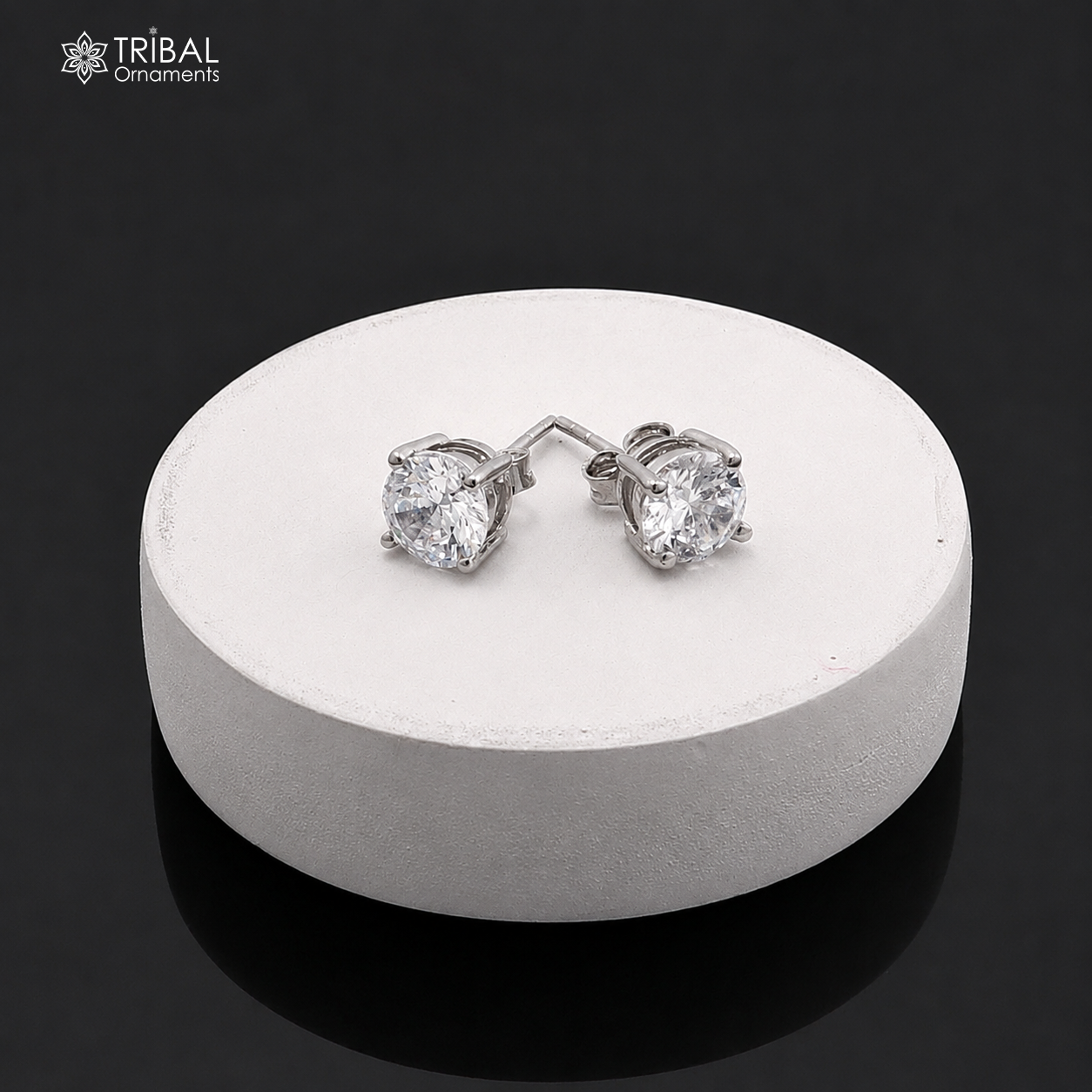 Sterling silver white diamond stud earring with round shape, unisex jewelry design by TRIBAL ORNAMENTS.