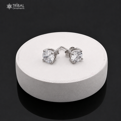 Sterling silver white diamond stud earring with round shape, unisex jewelry design by TRIBAL ORNAMENTS.