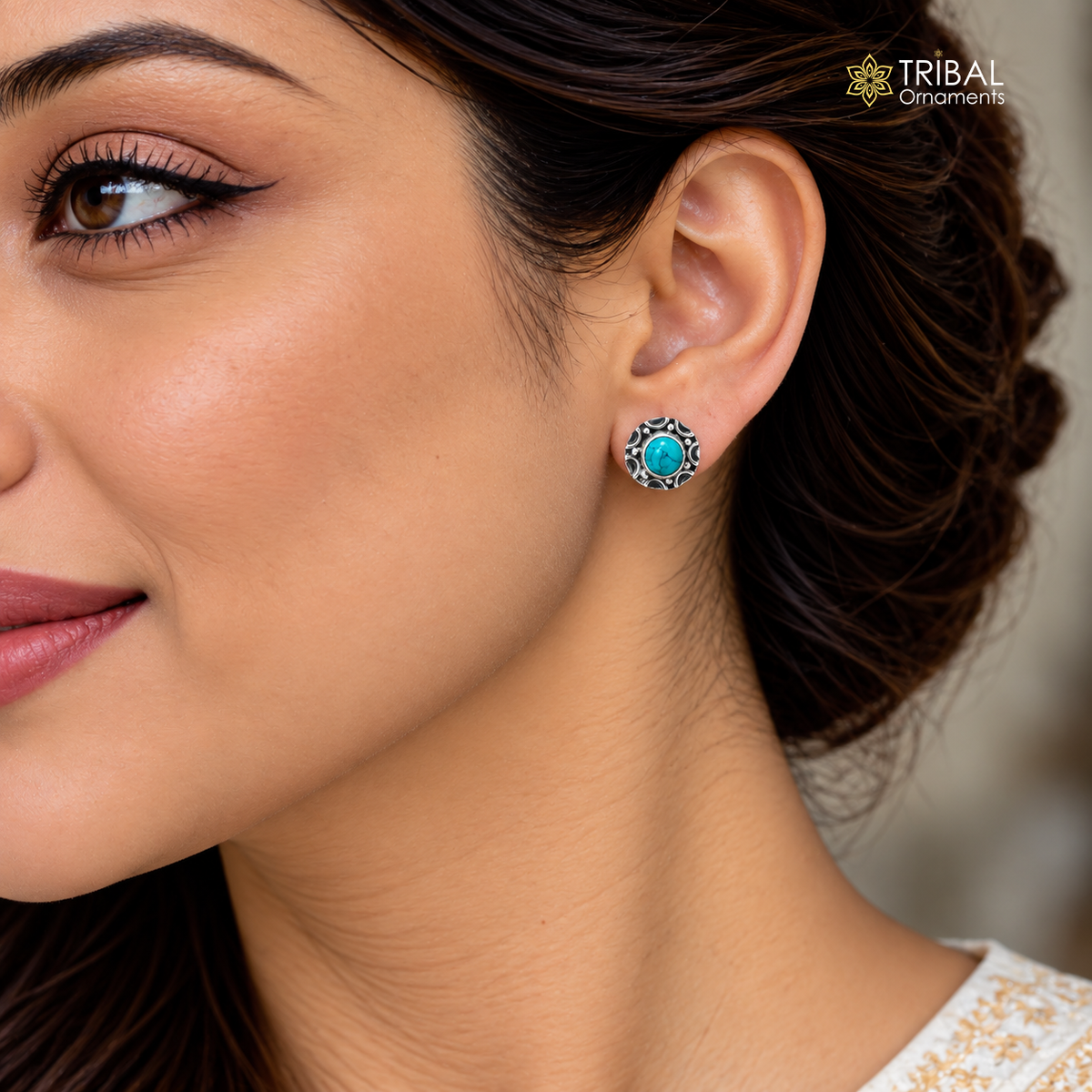 925 sterling silver round shape blue turquoise stone stud earring best unisex jewelry ER284