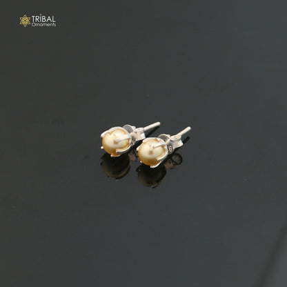 Round 925 sterling silver fabulous yellow shade pearl stone stud earrings best unisex daily use jewelry er306