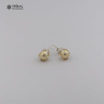 Round 925 sterling silver fabulous yellow shade pearl stone stud earrings best unisex daily use jewelry er306