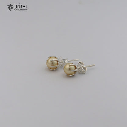 Round 925 sterling silver fabulous yellow shade pearl stone stud earrings best unisex daily use jewelry er306