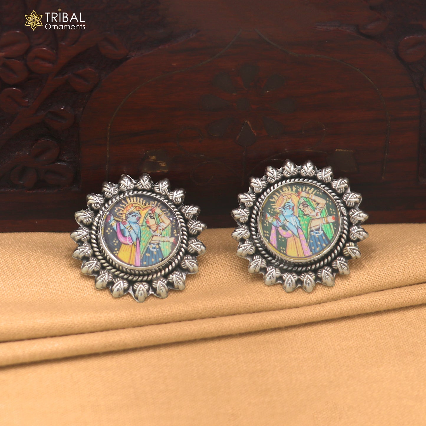 925 sterling silver lord Radha krishna miniature art Painting stud earring er333