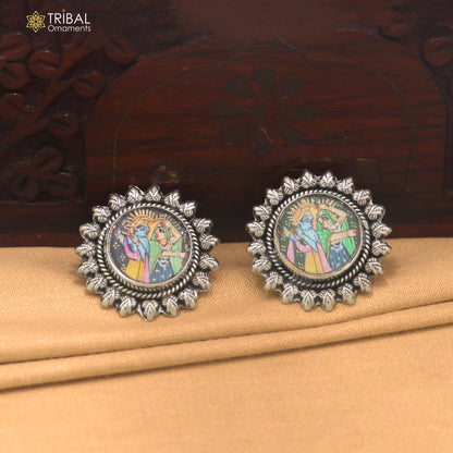 925 sterling silver lord Radha krishna miniature art Painting stud earring er333
