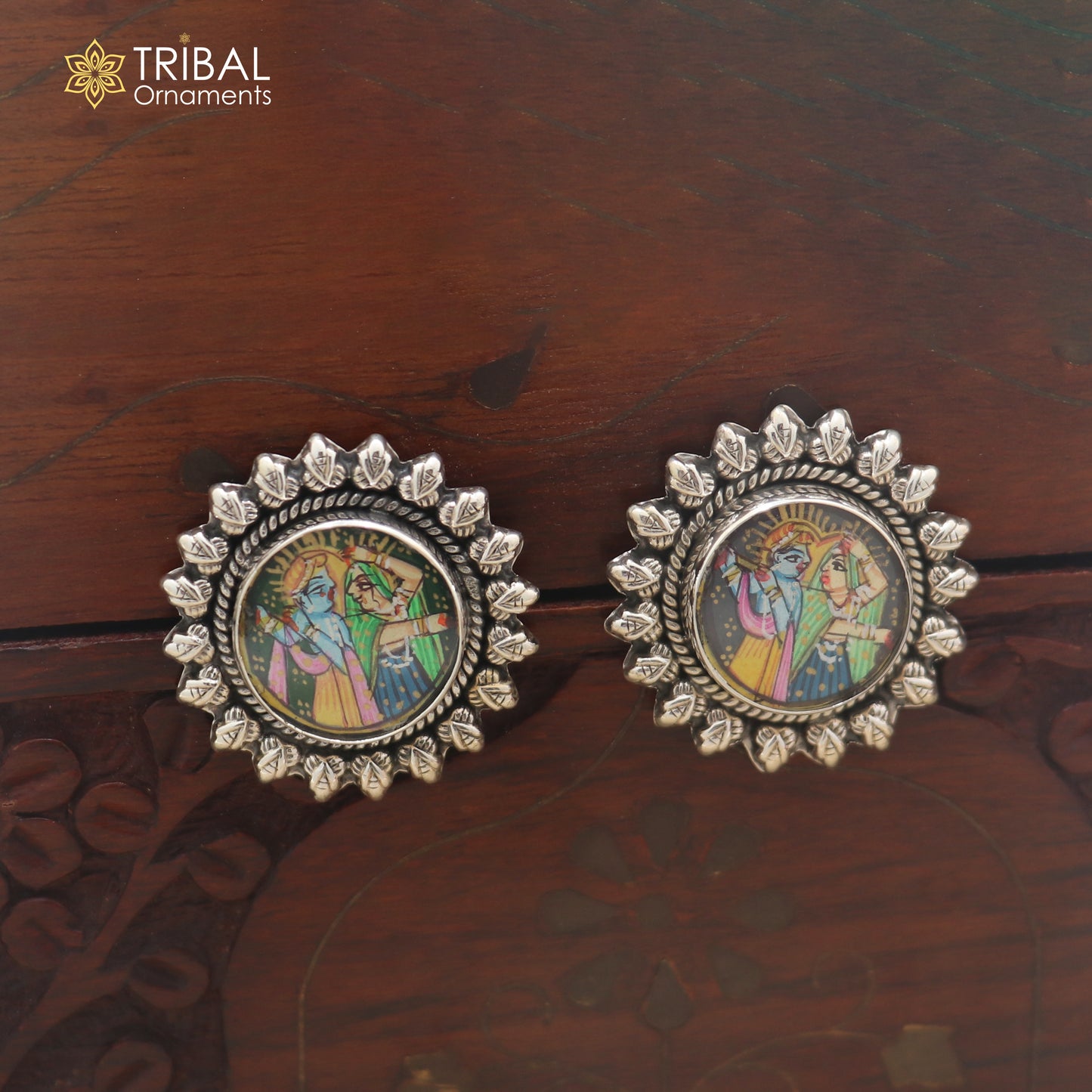 925 sterling silver lord Radha krishna miniature art Painting stud earring er333
