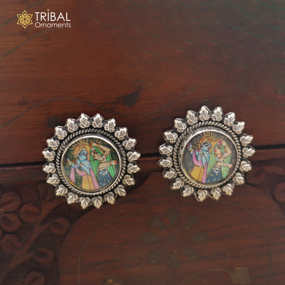 925 sterling silver lord Radha krishna miniature art Painting stud earring er333