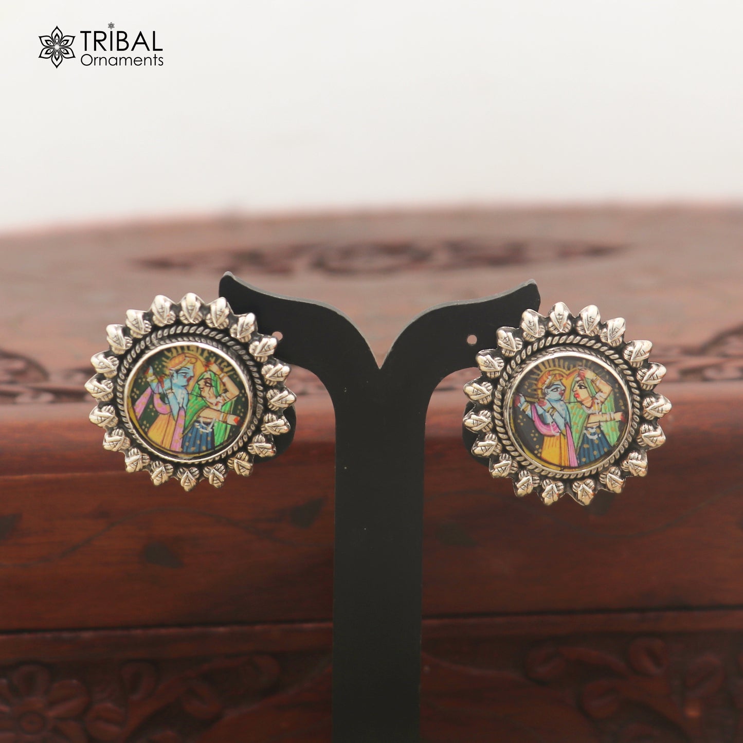 925 sterling silver lord Radha krishna miniature art Painting stud earring er333