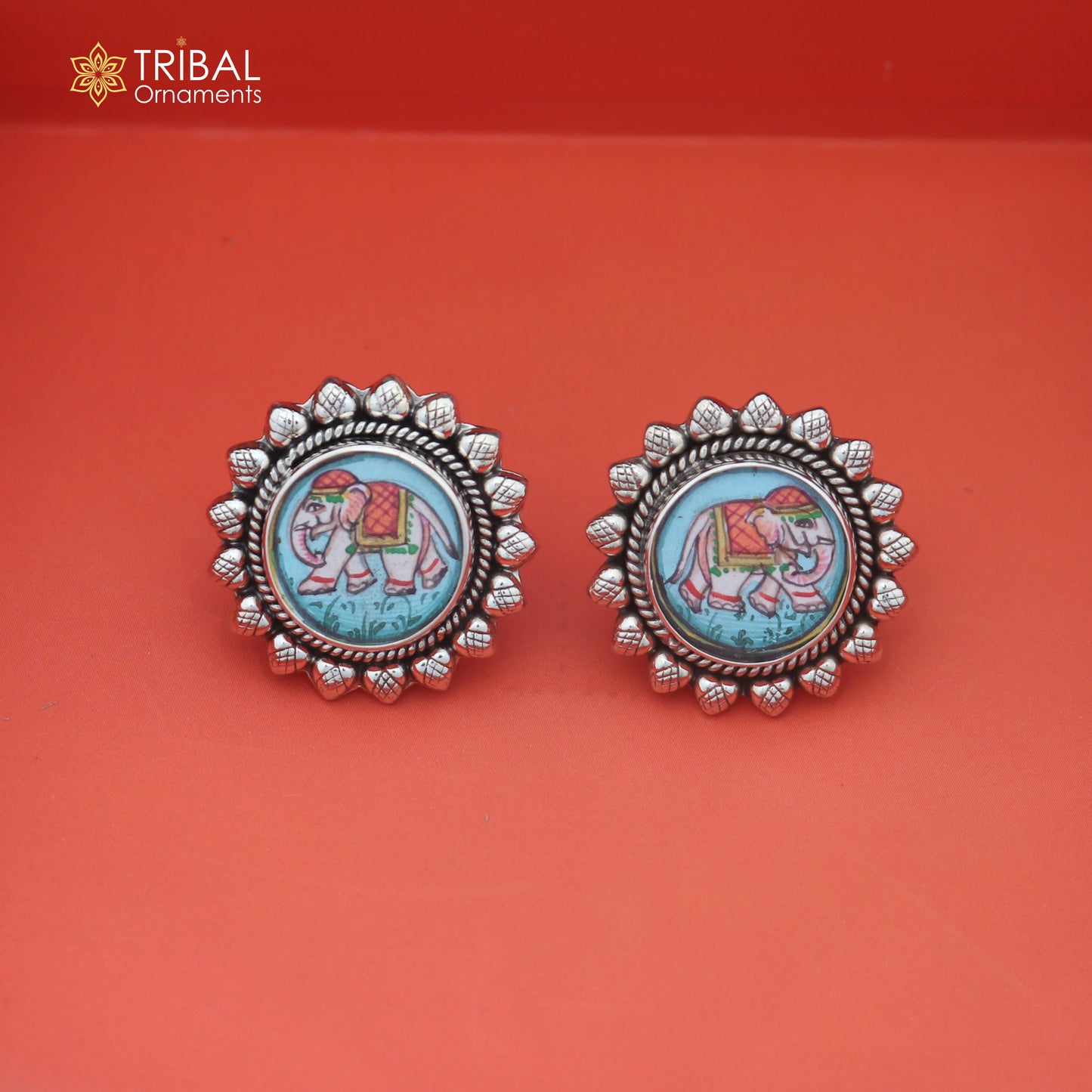 925 sterling silver elephant miniature art Painting stud earring er334