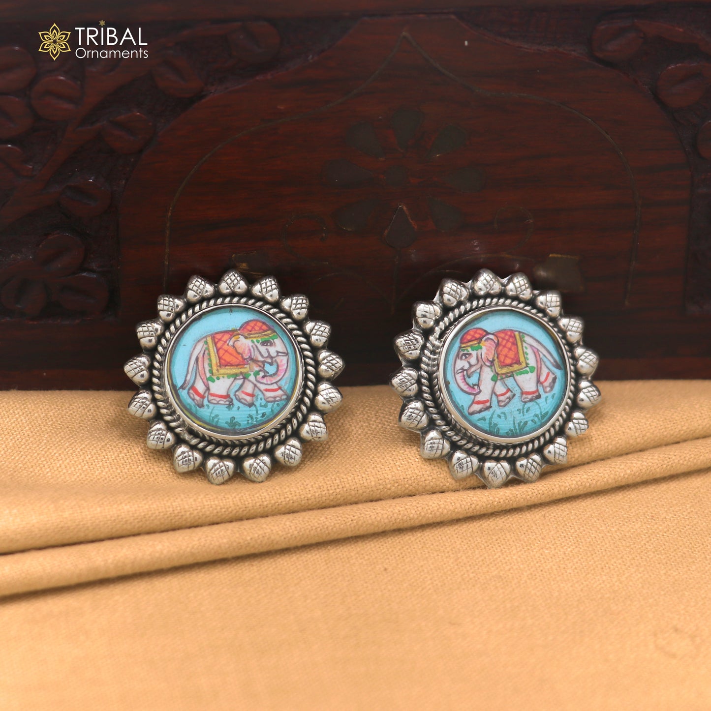 925 sterling silver elephant miniature art Painting stud earring er334